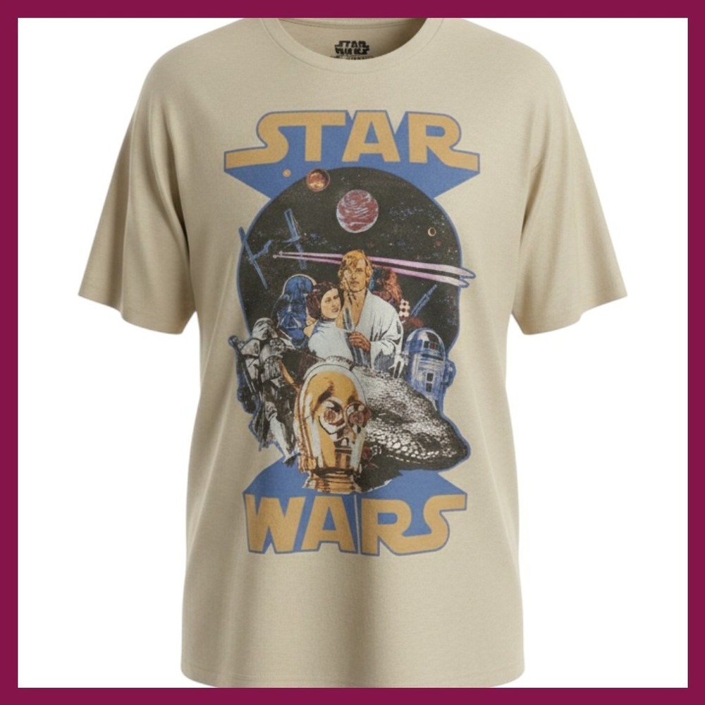 Star Wars Mens Graphic T-Shirt Tan XL Vintage Style Character Montage Cotton